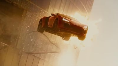 The premise, deduced from a 27-second sequence in the 2m 50s trailer is this: Diesel’s character Dominic Toretto finds himself behind the wheel of a powerful sports car on about the 45th floor of the tallest of the five buildings in the Etihad Towers complex in Abu Dhabi. All photos are stills from the sequence.