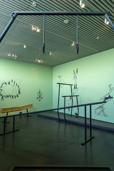 In 'Quantitative Infinity of the Objective', the gallery space is transformed into an imperfect gymnastics training area, fitted with altered equipment that destabilises aesthetic form and balance. Photo: Daniella Bapista / Jameel Arts Centre