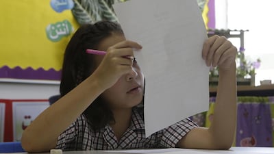 Tara Hussaini, 8, a Grade 4 pupil at Dubai British School, in her Arabic class. Jeffrey E Biteng / The National