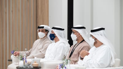 Sheikh Mansour bin Zayed, Deputy Prime Minister and Minister of Presidential Affairs, Sheikh Abdullah bin Zayed, Sheikh Khaled bin Mohamed and Dr Sultan Ahmed Al Jaber, Minister of Industry and Advanced Technology and managing director and group chief executive of Adnoc, attend the MoU signing ceremony. Photo: Ministry of Presidential Affairs
