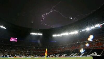 The Ukraine v France match was suspended due to heavy rainfall and lighting overhead. Franck Fife / AFP