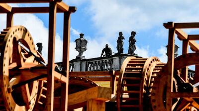 German police sniper on guard behind the installation “Mill of Blood” created by Mexican artist Antonio Vega Macotela during official opening of the ‘Documenta 14’ exhibition in Kassel, Germany. Filip Singer / EPA