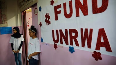 In this Sept. 3, 2018 file photo, Palestinian refugee students stand outside a classroom as they wait to attend a ceremony to mark the return to school of a new year at one of the UNRWA schools, in Beirut, Lebanon. AP
