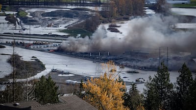 Recreational vehicles and trucks burn during a fire in Abbotsford.