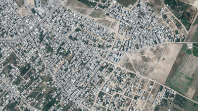 Satellite view shows the Palestinian city of Beit Hanoun in May and October 2023. Reuters