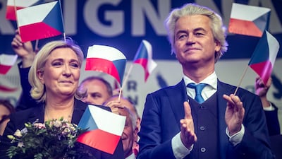 Leader of France's National Rally party Marine Le Pen and Mr Wilders during a meeting of populist far-right party leaders in Prague, Czech Republic, in 2019. Getty Images