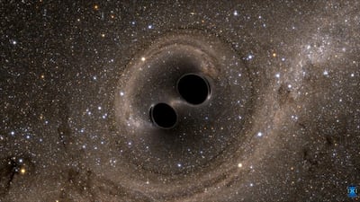The collision of two black holes holes is seen in this still from a computer simulation released in Washington on February 11, 2016. Caltech/MIT/Ligo Laboratory/Handout via Reuters