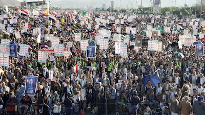 Houthi supporters participate in a protest rally against Israel in Sanaa on Friday. EPA