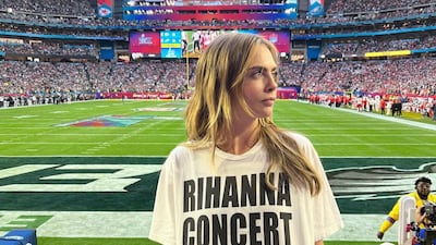 Actress and model Cara Delevingne with a cheeky T-shirt at the Super Bowl. Photo: Instagram / caradelevingne