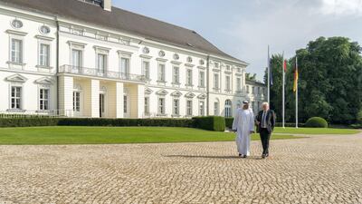 Sheikh Mohamed bin Zayed speaks with Mr Steinmeier prior a meeting at Bellevue Palace. Ministry of Presidential Affairs