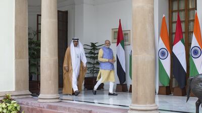 Sheikh Mohammed bin Zayed is received by Narendra Modi, prime minister of India, at Hyderabad House. Christopher Pike / Crown Prince Court - Abu Dhabi