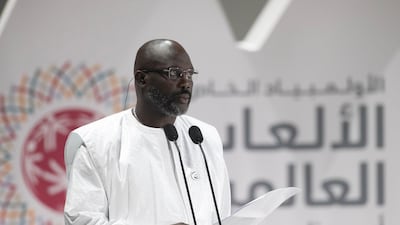 George Weah, President of Liberia? (C), delivers a speech during the closing ceremony of the Special Olympics World Games Abu Dhabi 2019, at Zayed Sports City. Ryan Carter for the Ministry of Presidential Affairs