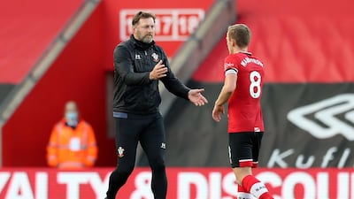 Southampton manager Ralph Hasenhuettl celebrates with captain James Ward-Prowse. EPA