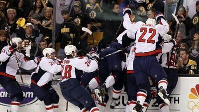 The Washington Capitals celebrate their win over the Boston Bruins.