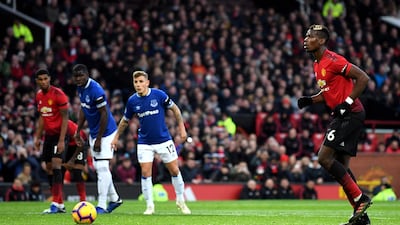 Paul Pogba edges closer to the ball during his penalty run-up against Everton. Getty Images