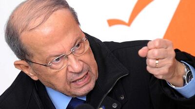 General Michel Aoun of the Free Patriotic Movement in Lebanon speaks during a press conference at his headquarter in Rabiyeh (AFP PHOTO/FPM/CHARBLE NAKHOUL)