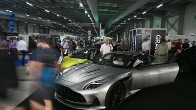 An Aston Martin DB12 on display during the 2023 British Motor Show at Farnborough International Exhibition Centre