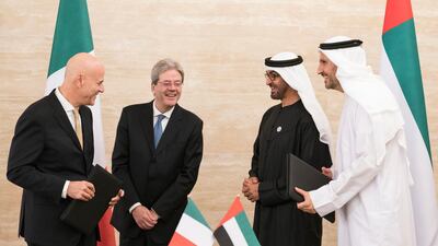 Mubadala Petroleum and Italy’s Eni signed an agreement to purchase a 10 per cent stake in the Egyptian Shorouk Concession. The agreement was signed by Khaldoon Al Mubarak, group chief executive of Mubadala Investment Company, on behalf of Mubadala Petroleum, and Claudio Descalzi, CEO of Eni. The signing ceremony was presided over by Sheikh Mohamed bin Zayed, Crown Prince of Abu Dhabi and Deputy Supreme Commander of the UAE Armed Forces and Paolo Gentiloni, Prime Minister of Italy. Ryan Carter for the Crown Prince Court - Abu Dhabi