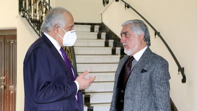 US envoy for Afghanistan Zalmay Khalilzad, left, talks with Abdullah Abdullah, head of the Afghan High Council for National Reconciliation, in Kabul on January 5. Reuters