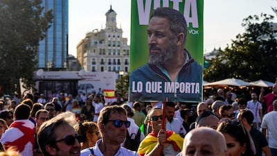 Supporter of Santiago Abascal and the Vox party during an election rally in Madrid last Friday. Bloomberg
