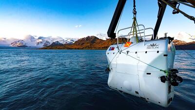 Vescovo's craft is lowered into the sea. Courtesy: The Five Deeps Expedition