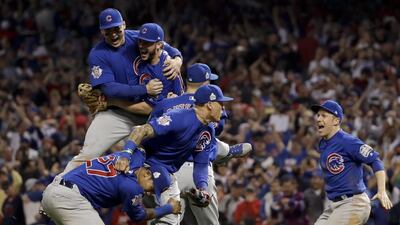 Chicago Cubs celebrate after Game 7 of the Major League Baseball World Series against the Cleveland Indians in Cleveland. The Cubs won 8-7 in 10 innings to win the series 4-3. Matt Slocum / AP Photo
