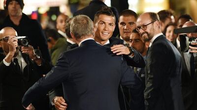 Real Madrid's Cristiano Ronaldo greets former Manchester United manager Sir Alex Ferguson at the premier of his documentary 'Ronaldo' in London on Monday night. Facundo Arrizabalaga / EPA / November 9, 2015