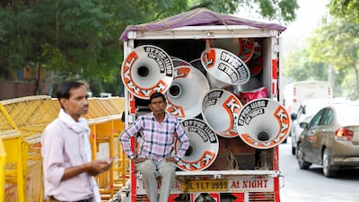 A lorry carries speakers that will be set up at the BJP's headquarters on the day of the election results are announced. Reuters