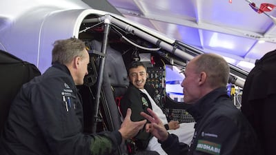 As part of the Abu Dhabi Sustainability Week, hosted by Masdar, Sheikh Abdullah bin Zayed Al Nahyan, Foreign Minister, today inspected the Solar Impulse plane. Courtesy WAM