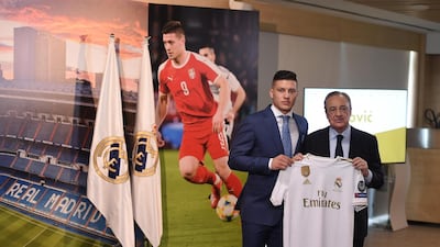 Luka Jovic is unveiled as a new signing with Real Madrid President Florentino Perez. Getty Images