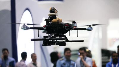 A X820 drone airborne during a live demo at UMEX.