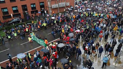 Demonstrators march through the centre of Bristol in southwestern England on Friday. Reuters