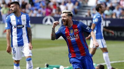 Lionel Messi celebrates a goal during Barcelona's win over Leganes on Saturday. Juan Carlos Hidalgo / EPA / September 17, 2016