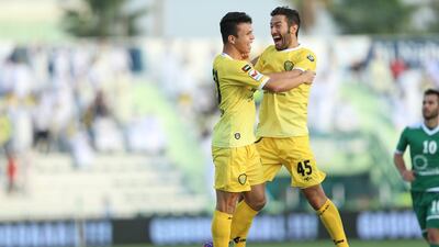 Fabio Lima and Hugo Viana celebrate during an Arabian Gulf League match against Al Shabab last season. Afsal Sham / Al Ittihad / April 12, 2015