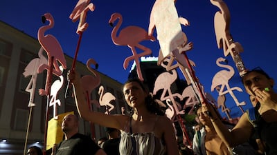 Protestors outside the Prime Minister's Office in Tirana demonstrate against the construction of a luxury hotel – led by Ivanka Trump and Jared Kushner – near the protected area of Vjosa-Narta in Albania. AFP