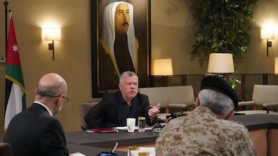 King Abdullah II holds a meeting with officials on health issues amid a global rise in the coronavirus pandemic, in the capital Amman. AFP