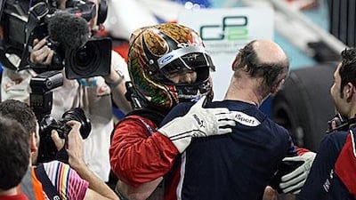 Davide Valsecchi celebrates his win at the Yas Marina Circuit yesterday.