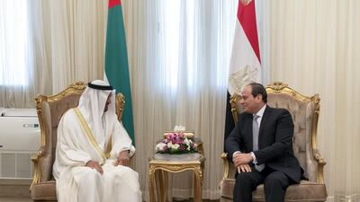 President Sisi receives Sheikh Mohamed at Ras al-Tin Palace. EPA