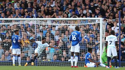 Raheem Sterling of Chelsea celebrates, but his goal is later ruled offside. Getty