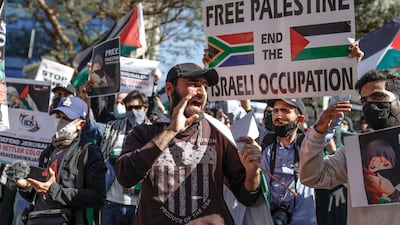 Demonstrators gather outside of the Israel Trade office in Sandton, Johannesburg, South Africa. AFP