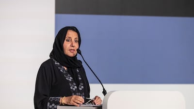 Maitha Al Shamsi, Minister of State, speaks during the Dubai International Humanitarian Aid and Development Conference and Exhibition. Antonie Robertson / The National