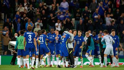 Chelsea goalkeeper Kepa Arrizabalaga celebrates victory after saving the last Villarreal penalty during the Uefa Super Cup Final at Windsor Park on August 11, 2021 in Belfast, Northern Ireland.