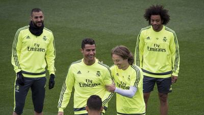 Real Madrid’s players (L-R) French striker Karim Benzema, Portuguese Cristiano Ronaldo, Croatian Luka Modric, and Brazilian Marcelo during the team’s training session at Valdebebas sports city in Madrid, Spain, 19 April 2016. Real Madrid will face Villarreal in a La Liga match the upcoming 20 April. EPA/Luca Piergiovanni