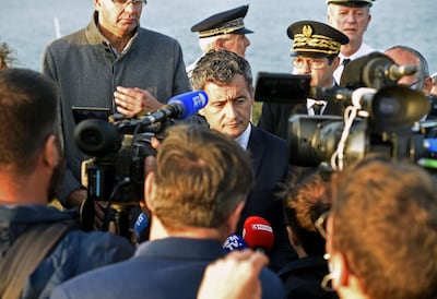 French Interior Minister Gerald Darmanin spoke to reporters during a visit to Dunkirk, northern France. AFP