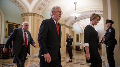 Senate Majority Leader Mitch McConnell (C) leaves the Senate floor following the first full day of the impeachment trial at the US Capitol in Washington, DC, 21 January 2020. EPA