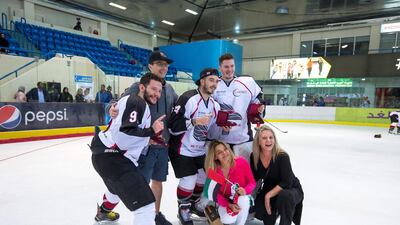 Abu Dhabi Storms team celebrating their win over Belarus in the President's Cup final at the Zayed Sport City Ice Rink in Abu Dhabi. Leslie Pableo for The National