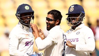 Ravindra Jadeja of India celebrates taking the wicket of Australia captain Pat Cummins. Getty