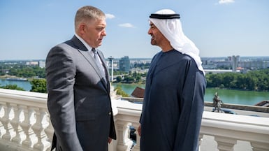 President Sheikh Mohamed with Slovak Prime Minister Robert Fico before a meeting at Bratislava Castle. UAE Presidential Court