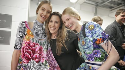 Mary Katrantzou, centre, with models backstage at one of her shows. Courtesy Mary Katrantzou