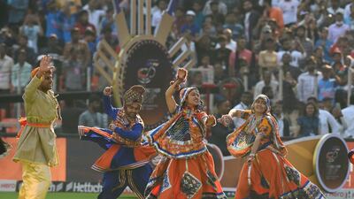 Performers at the Narendra Modi Stadium in Ahmedabad on Thursday. Bloomberg